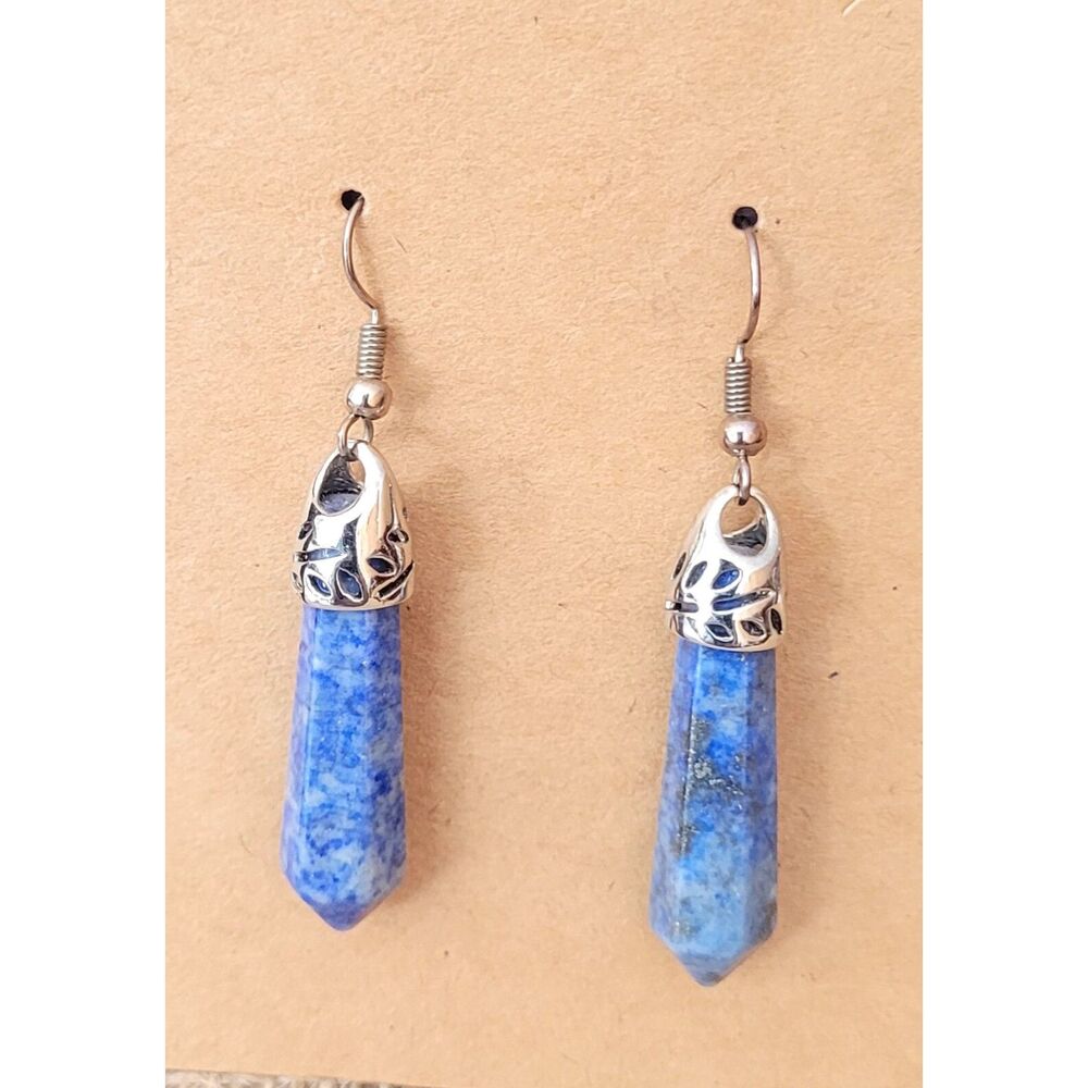 1-1/4" Genuine Lapis Obelisk Dangle Silver French Wire Earrings Fashion Jewelry